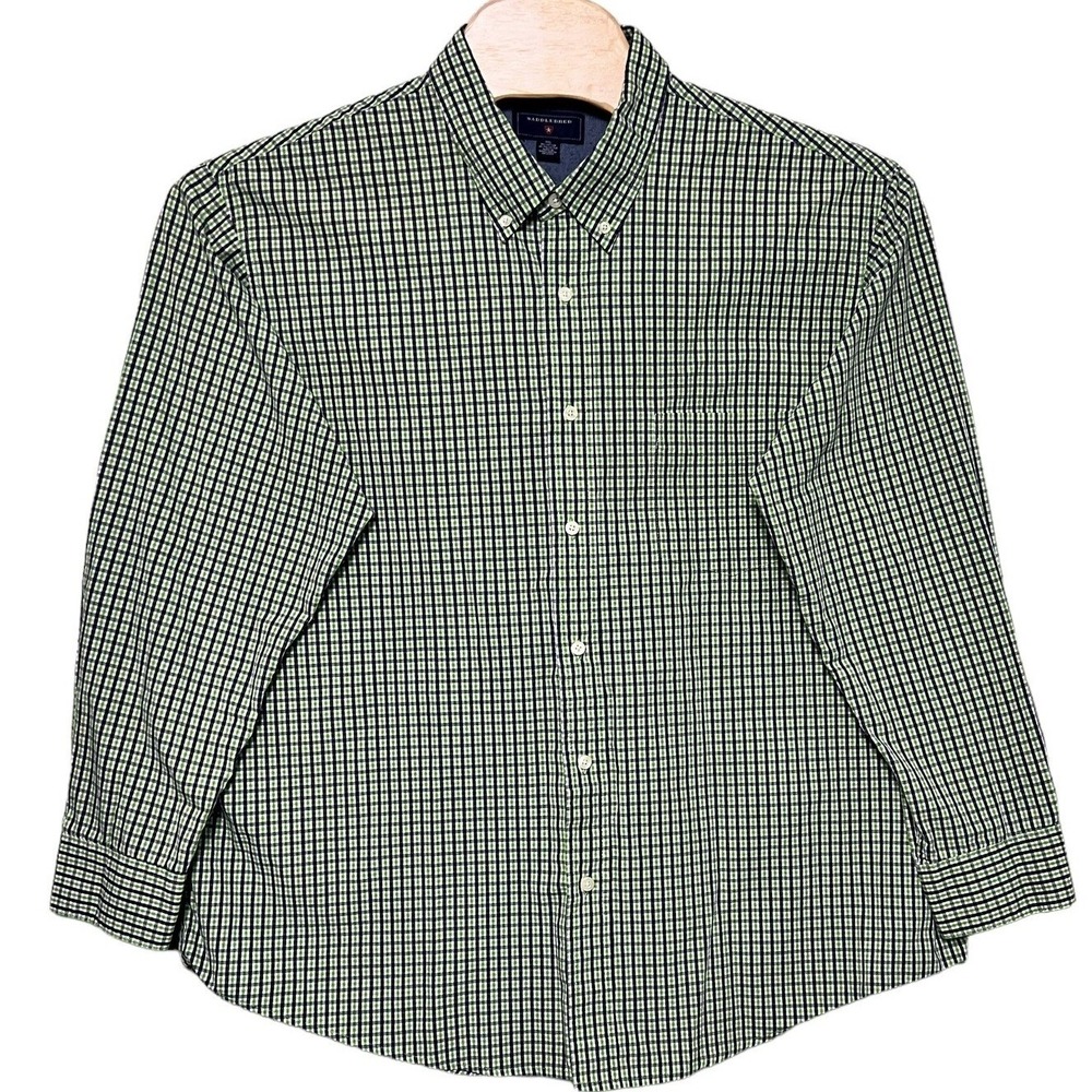 Saddlebred Mens Button Down XXL Navy/Green Check Cotton Casual Long Sleeve Shirt